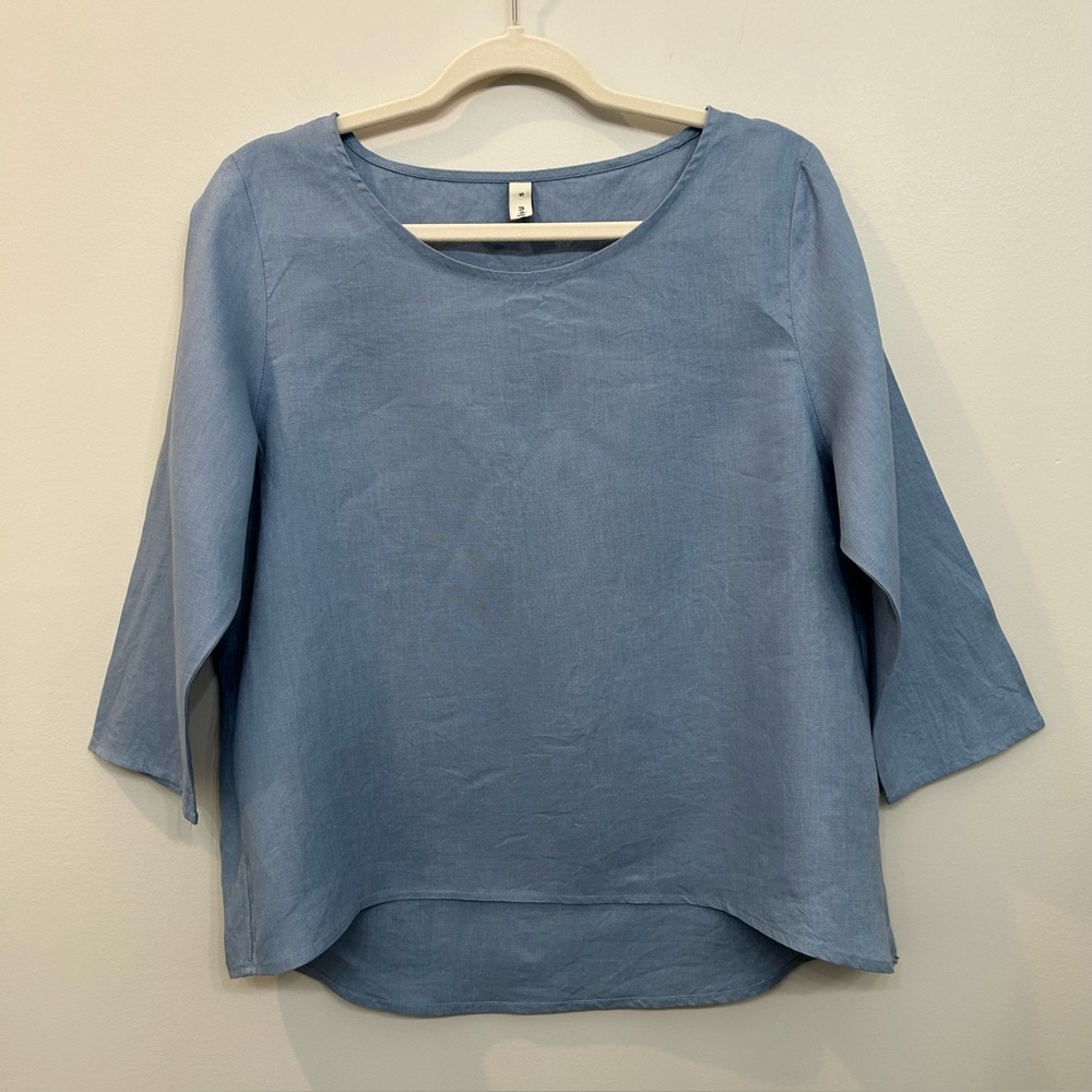 Amazhiyu Linen Top Woman Quarter Sleeves Crew Neck Blouse Blue Loose Fit Size S